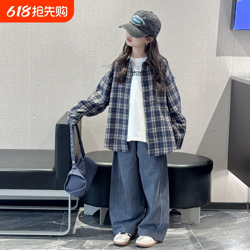女童格子衬衫春秋2025新款洋气女孩大童秋装时髦外套儿童韩版衬衣