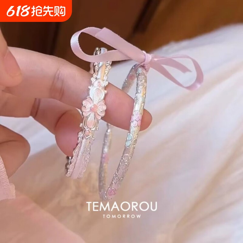 新中式鎏金手工雕刻珐琅滴油粉色花朵雕刻手镯女民族风手环手饰品