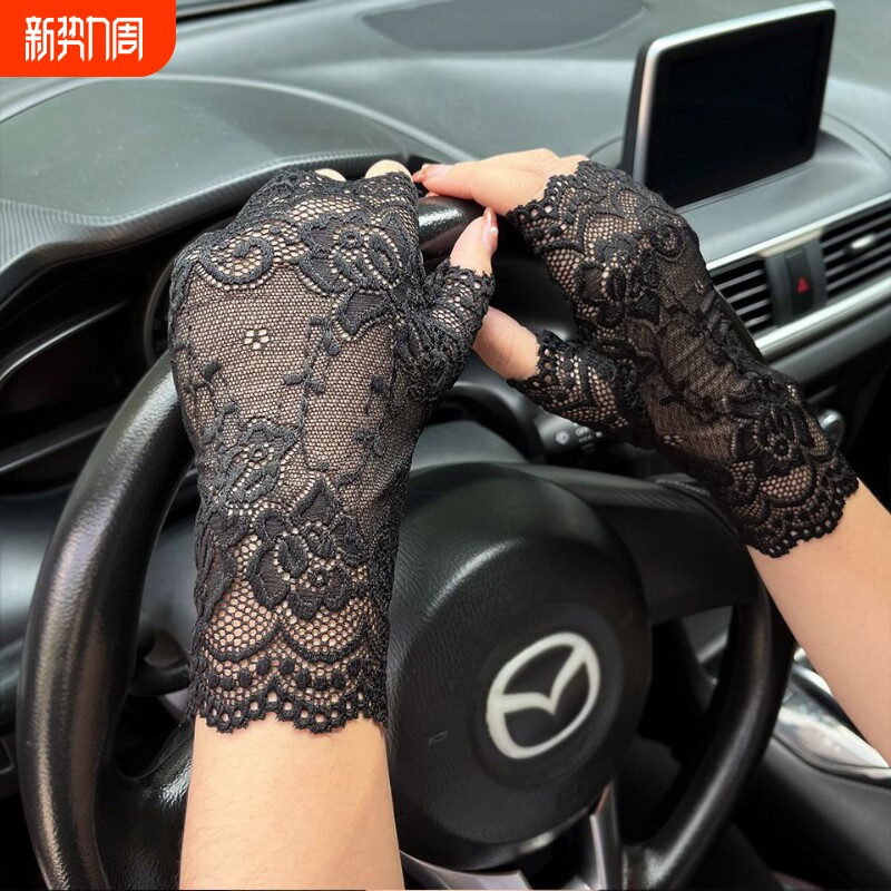 蕾丝开车防晒手套夏季短款冰丝女士半指遮疤痕手套水兵舞表演手套