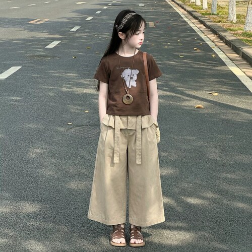 女童超好看上衣夏季2026新款儿童短袖t恤洋气小女孩韩版薄款棕色