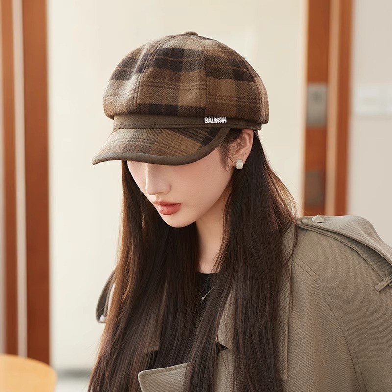新款韩版格子八角帽女英伦复古鸭舌贝雷帽百搭学院画家报童帽