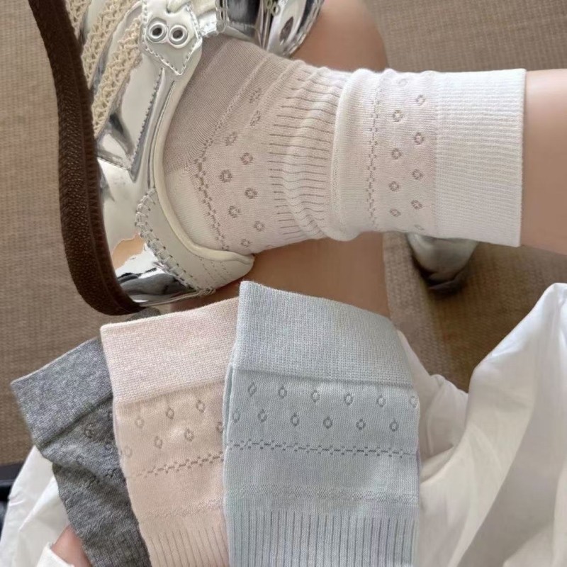 春夏奶油系春夏镂空袜子薄款透气小清新甜美百搭中筒学院风堆堆袜