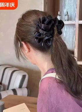 显发量多~褶皱泡泡香蕉夹竖夹黑色发夹女后脑勺高级发卡马尾发饰