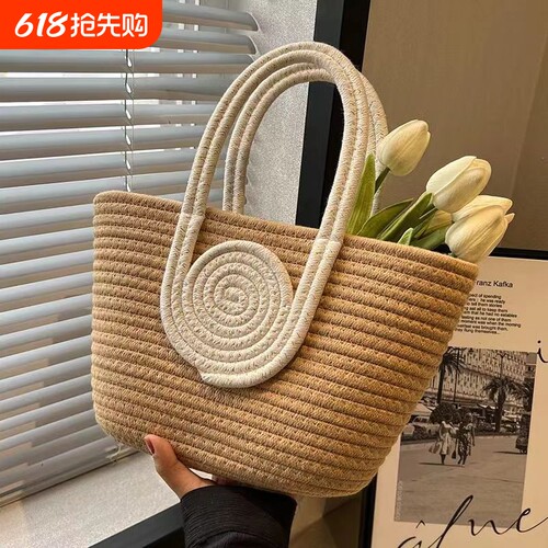 2025夏季复古撞色拼接棉线包大容量手工编织包简约时尚单肩手提包