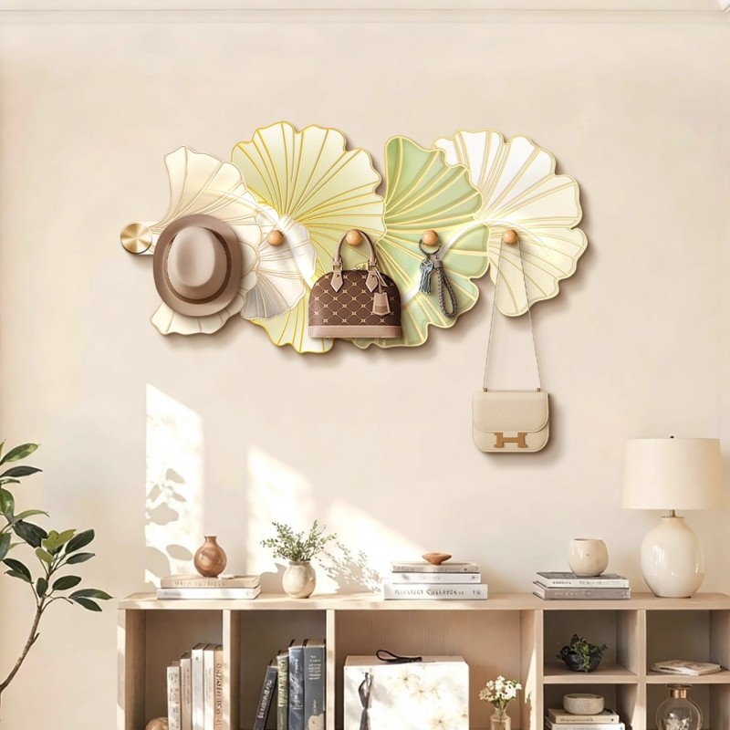 奶油风入户墙上衣帽架挂画银杏叶收纳壁挂一体架客厅洞洞板挂衣架