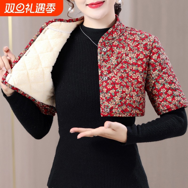 妈妈加绒加厚护肩防寒驼绒棉短袖小背心中老年女装睡觉护颈椎坎肩
