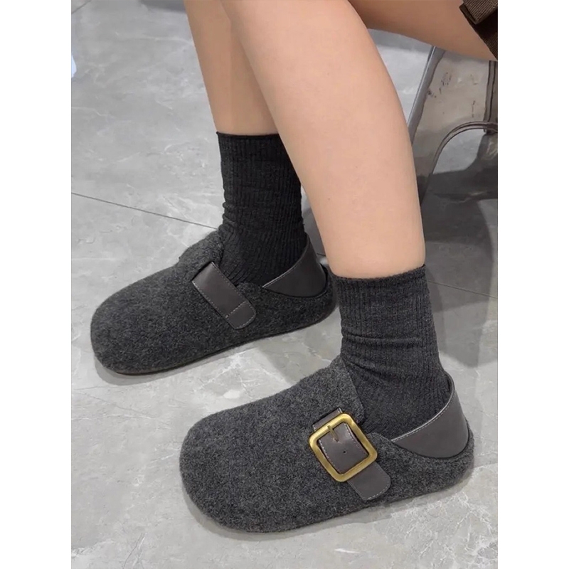 勃肯鞋女灰色秋冬新款毛呢厚底百搭两穿毛毛鞋加绒保暖穆勒鞋棉鞋