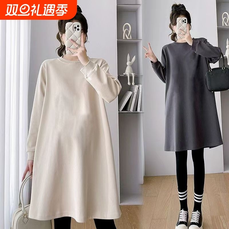 孕妇装中长款纯棉连衣裙春秋季新款宽松不显怀时尚百搭可外穿裙子