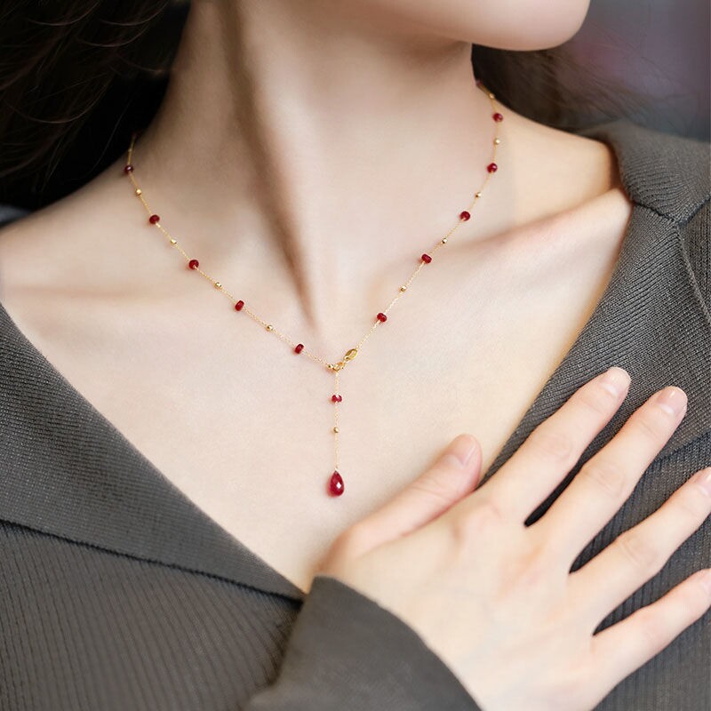 流苏满天星人造鸽血红宝项链女镀18K金色优雅锁骨链彩宝吊坠送礼