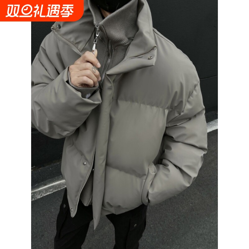 户外冬季休闲保暖外套男女短外套潮牌假两件羽绒服加厚棉袄PU皮面