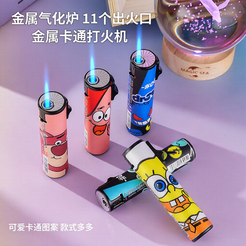 新款防风打火机金属圆柱蓝焰直冲防爆耐用可充气可爱卡通批发火机