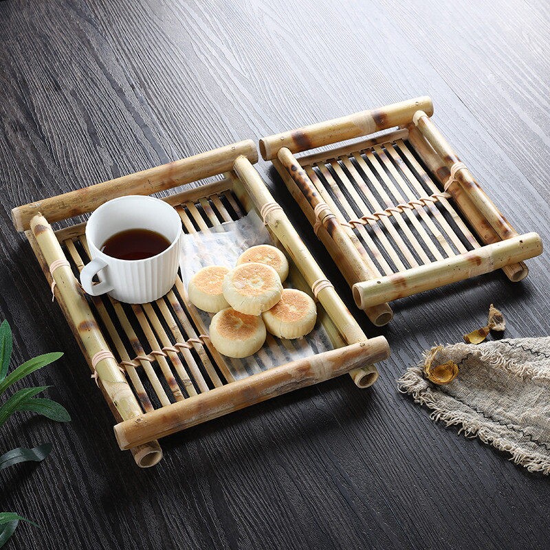 竹制复古茶托竹编果盘桌面点心盘竹篮竹盘筐方形中国风茶几摆件