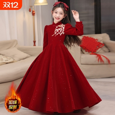 女童高端拜年服红色晚礼服新中式公主裙女孩主持人新年战袍演出服