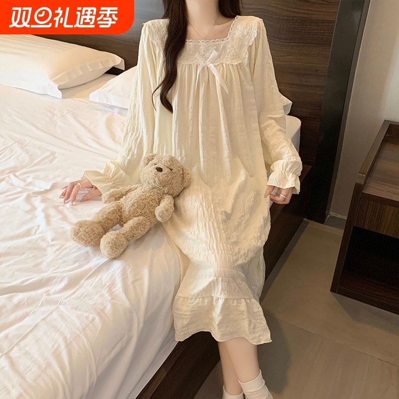 春秋季睡裙女云朵棉长袖甜美简约高级感睡衣孕妇夏天可外穿家居服