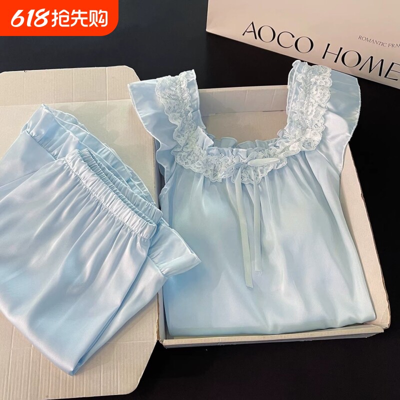 睡衣女夏季冰凉丝绸高级感带胸垫性感吊带短裤蕾丝薄款家居服套装