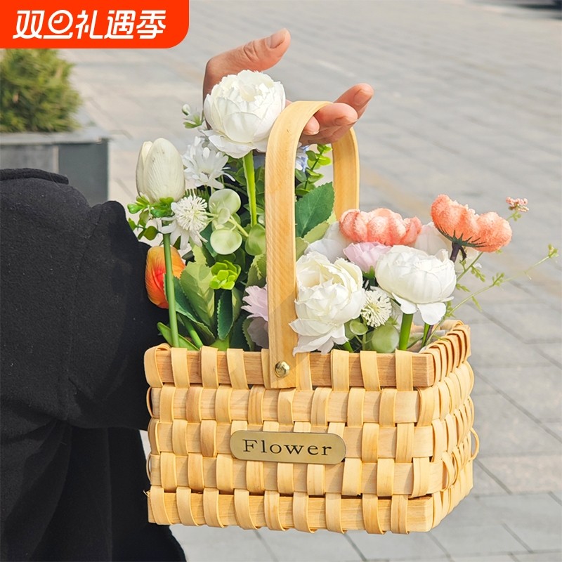 花饽饽插花篮木手提提篮手工田园编织花盆鲜花篮花艺批发长方形
