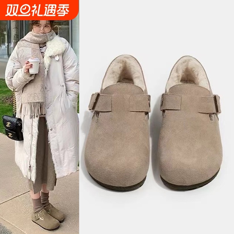 毛毛全包加绒勃肯鞋女2025秋冬新款平底懒人一脚蹬豆豆棉鞋子博肯