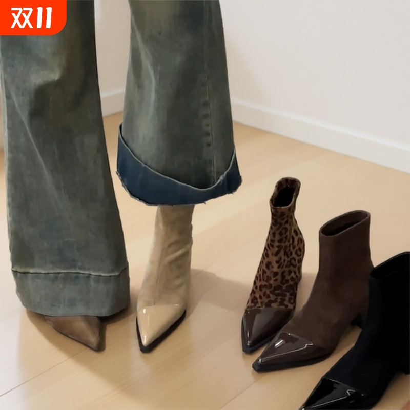 法式短筒高跟短靴女|千人加购