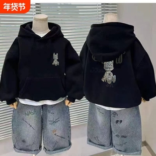 2025新款儿童男童连帽上衣中大童秋冬加厚卫衣潮加绒黑色卡通有帽