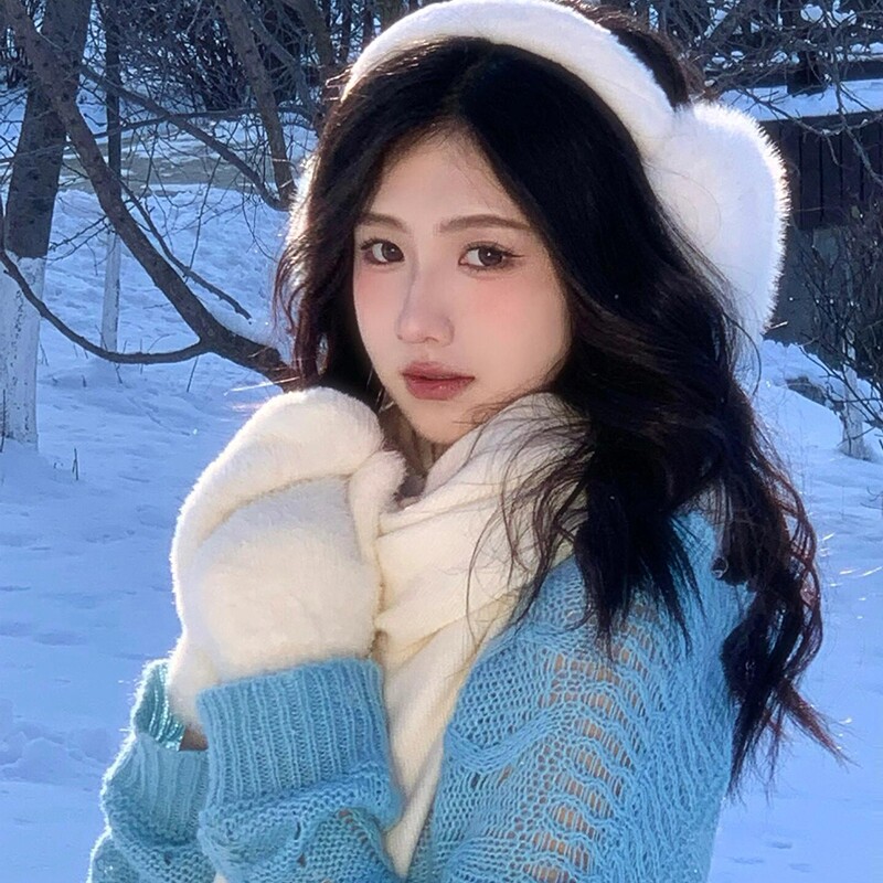 韩系白色兔毛手套女秋冬季可爱毛绒加厚保暖防寒骑行挂脖连指手套