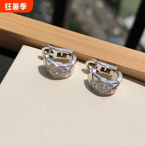 轻奢高级感v金18K玫瑰金耳环女coco耳钉小香风菱格纹耳饰金色黄金