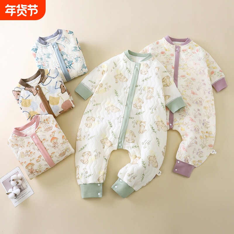 儿童睡袋秋冬款夹棉宝宝纯棉a类爬服婴幼儿防踢被连体衣三层睡衣