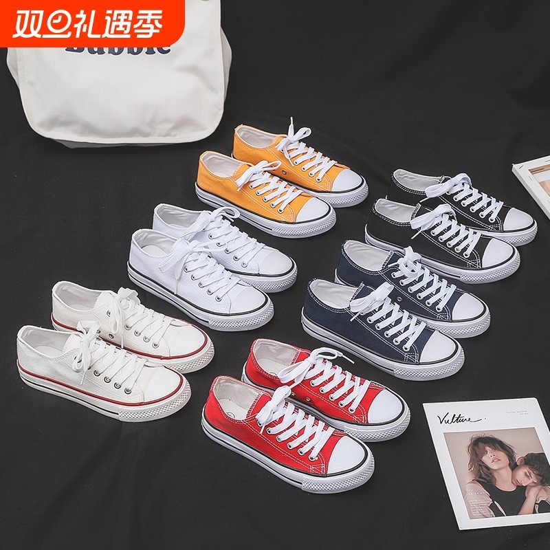 新款多巴胺帆布鞋女ins情侣板鞋学生鞋轻便透气布鞋圆头经典低帮