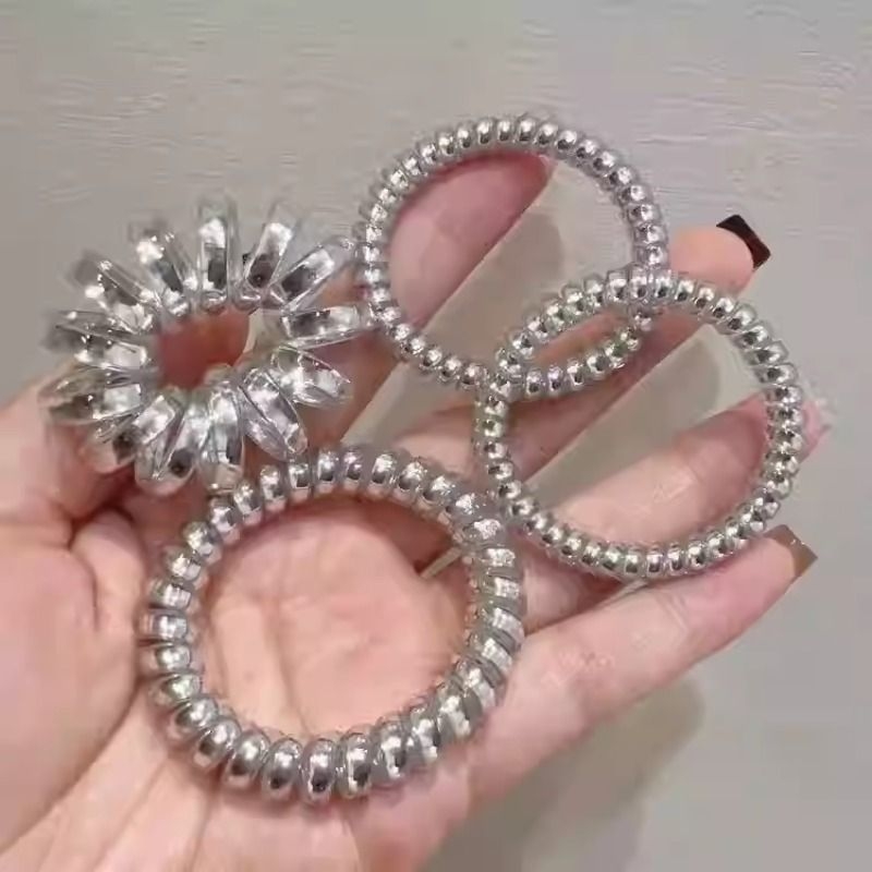 简约时尚亮银色电话线发圈韩版气质款基础扎发头饰头绳细款磨砂