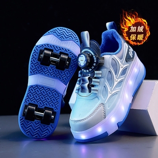暴走鞋四轮冬季加绒带轮滑鞋子隐形男儿童女童运动滑板代步滑轮子