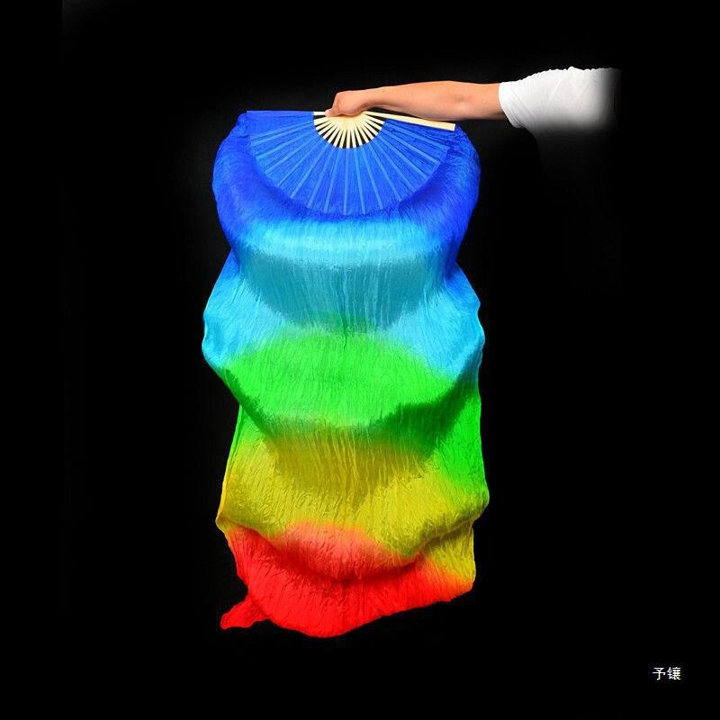 真丝肚皮舞双扇彩色长绸扇加长舞蹈长扇子七彩跳舞扇子