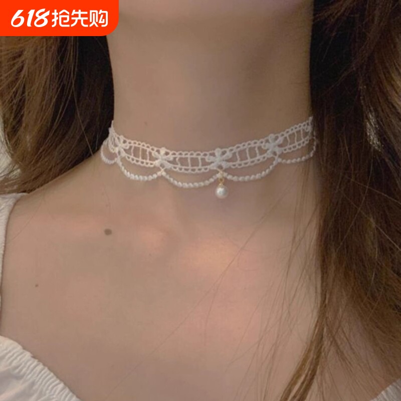 choker项链女白色蕾丝珍珠颈链少女气质项圈颈带超仙锁骨链脖饰