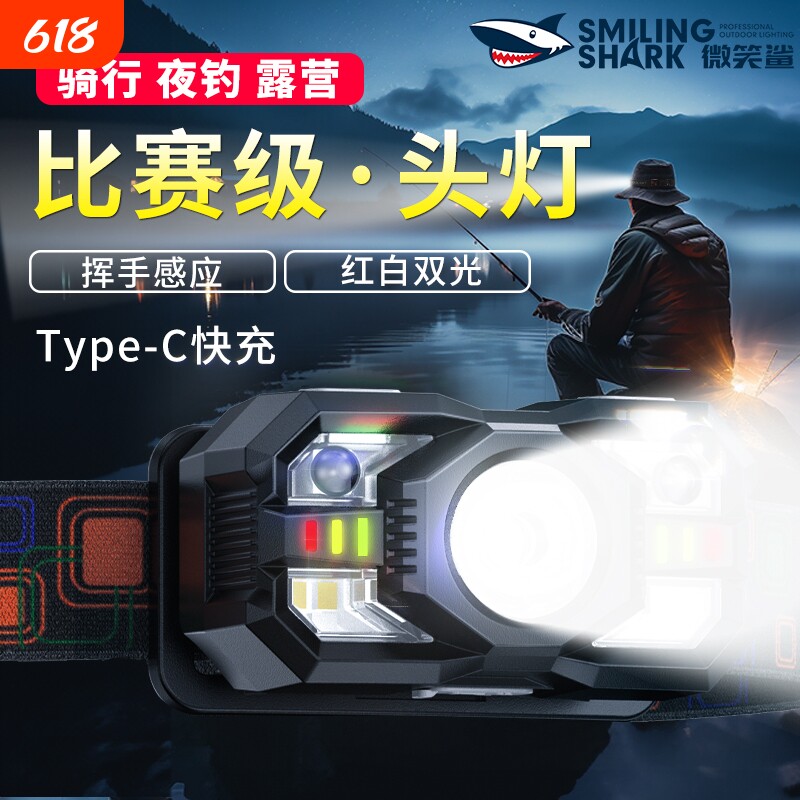 强光感应头灯夜钓鱼户外照明可充电超亮长续航头戴式便携小手电筒