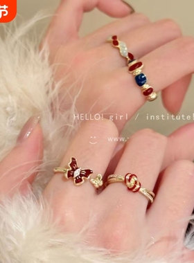 复古安可拉红滴釉蝴蝶戒指女2025新款爆款食指戒小众冷淡风开口戒
