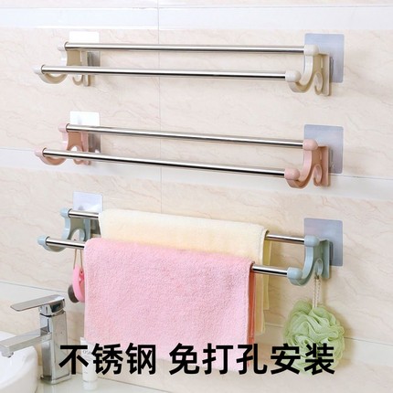 不锈钢毛巾杆家用浴室免打孔置物架毛巾架子加长单杆双杆挂杆收纳