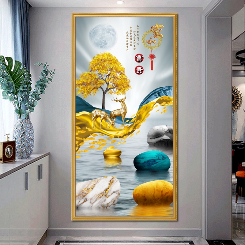 轻奢风玄关装饰画现代简约走廊竖版壁画抽象大气客厅过道麋鹿贴画图片