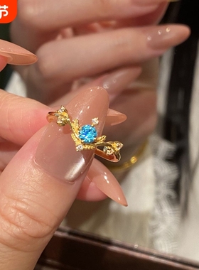 新中式轻奢金色花环活口戒指女小众设计镶嵌锆石高级感指环可调节