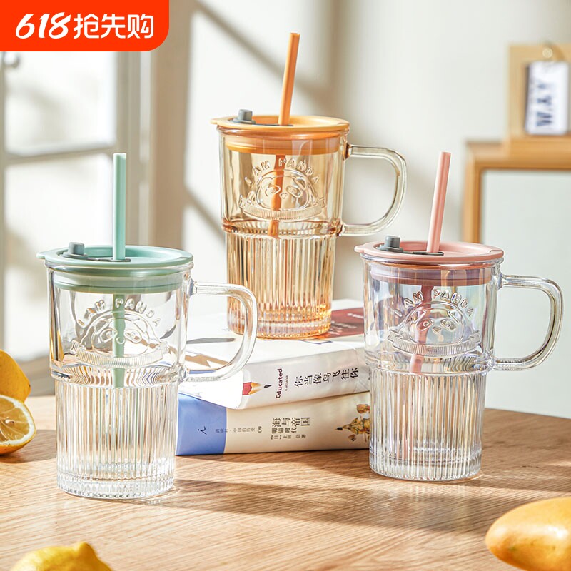 乐唯诗熊猫吸管杯带把高颜值玻璃水杯果汁杯咖啡杯带盖把手轻奢