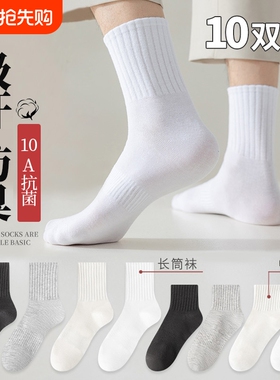 【10抗菌】袜子男士中筒袜夏季薄款防臭吸汗透气黑白色青少年长袜