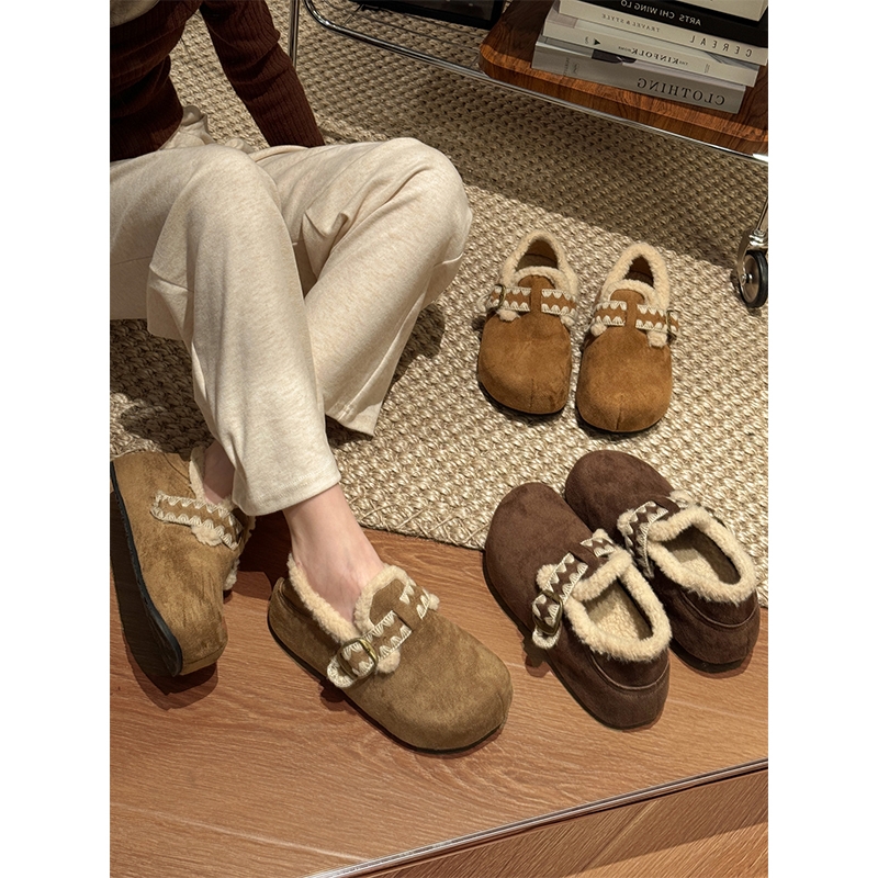 贾不假勃肯鞋女2025新爆款冬季加绒棉鞋厚底内增高一脚蹬豆豆鞋子