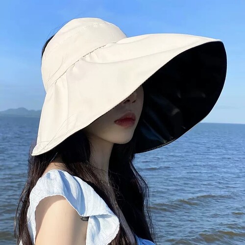 黑胶空顶遮阳帽女夏防晒帽子抗UV遮脸渔夫帽可折叠调节大头围