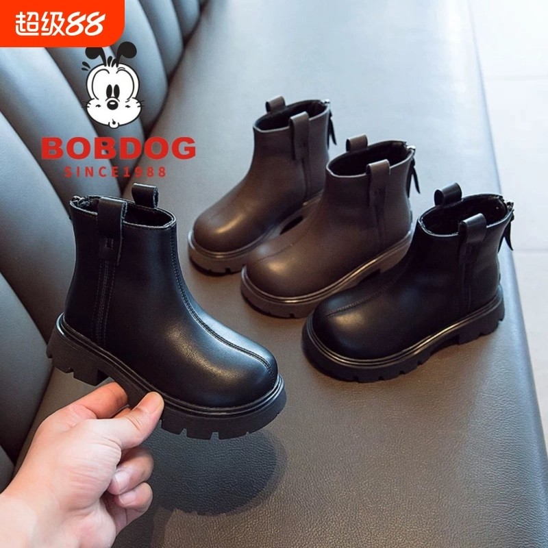 巴布豆女童靴子儿童马丁短靴2025新款秋冬季宝宝皮靴加绒黑色真皮