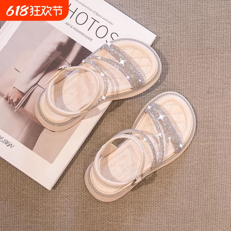 真皮女童凉鞋公主罗马鞋2025夏季新款宝宝女孩水晶软底儿童沙滩鞋