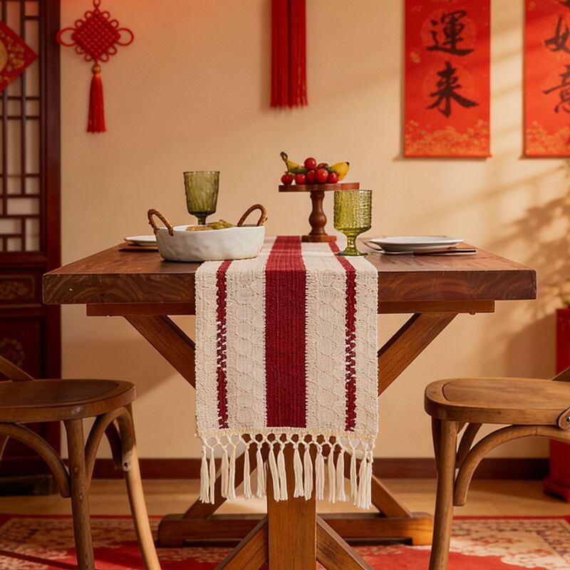 桌旗波西米亚风流苏红色喜庆桌垫复古新年氛围感装饰布长条桌布