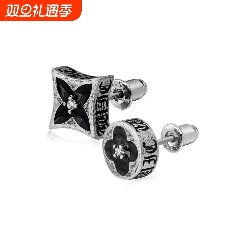 925银针珐琅刻雕四叶花耳钉时尚潮流饰品耳环好友礼物