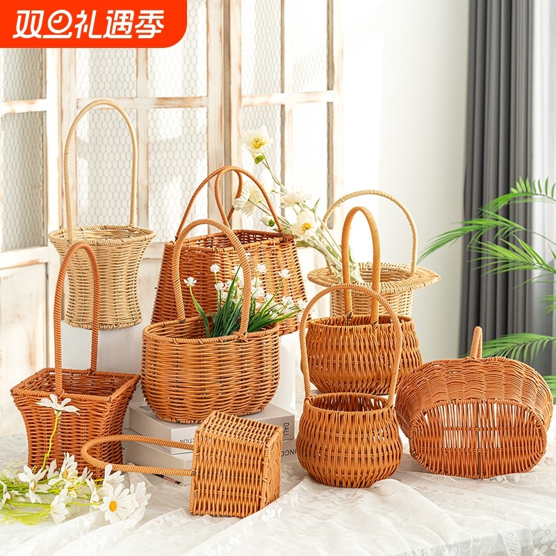 仿藤编铁艺造型手提花篮手提篮鲜花绿植篮子手工编织客厅装饰摆件