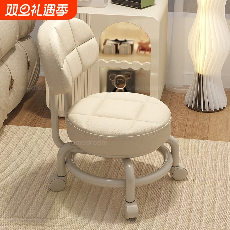 万向轮小凳子带滑轮矮凳家用换鞋凳儿童靠背椅子客厅圆凳软包板凳