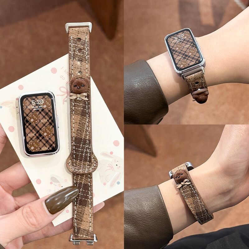 适用于华为手环11表带10/9/8透气帆布格纹pro小熊荣耀10