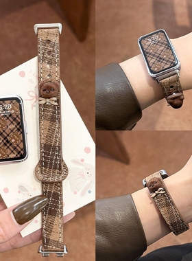 适用于华为手环11表带10/9/8透气帆布格纹pro小熊荣耀10/9时尚小众高级腕带Huawei创意智能band运动配件watch