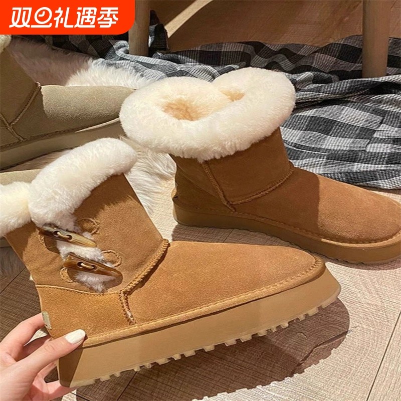 蔻孜厚底雪地靴加绒加厚增高牛角扣皮毛一体棉鞋冬季羊毛毛绒棕色