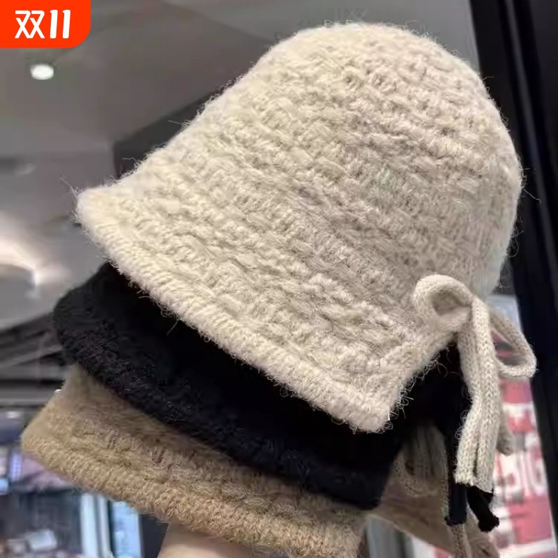 韩版手工蝴蝶结针织渔夫帽女秋冬季百搭纯色水桶帽保暖护耳毛线帽